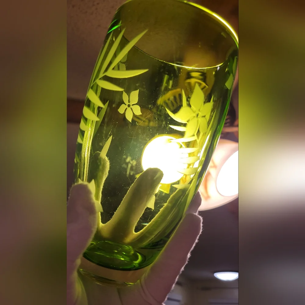 Crate & Barrel Lime Green Etched Vases Glasses Tumblers Hand Blown